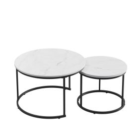 27.56in Nesting Coffee Table Set of 2 Round Coffee Tables with Marble Pattern MDF Top Metal Frame Space Saving Nesting End Tables 120LBS Max Load for (Option: White_Black)