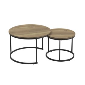 27.56in Nesting Coffee Table Set of 2 Round Coffee Tables with Marble Pattern MDF Top Metal Frame Space Saving Nesting End Tables 120LBS Max Load for (Option: Brown_Black)