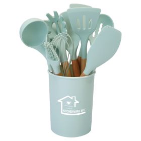 11Pcs Silicone Cooking Utensil Set Heat Resist Wooden Handle Silicone Spatula Turner Ladle Spaghetti Server Tongs Spoon Egg Whish Kitchenware Set w/ H (Option: (LightGreen)