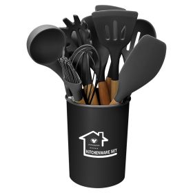 11Pcs Silicone Cooking Utensil Set Heat Resist Wooden Handle Silicone Spatula Turner Ladle Spaghetti Server Tongs Spoon Egg Whish Kitchenware Set w/ H (Option: (Black)