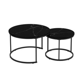 27.56in Nesting Coffee Table Set of 2 Round Coffee Tables with Marble Pattern MDF Top Metal Frame Space Saving Nesting End Tables 120LBS Max Load for (Option: Black_Black))