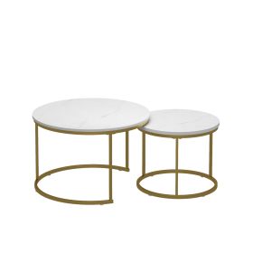 27.56in Nesting Coffee Table Set of 2 Round Coffee Tables with Marble Pattern MDF Top Metal Frame Space Saving Nesting End Tables 120LBS Max Load for (Option: White_Gold)_)