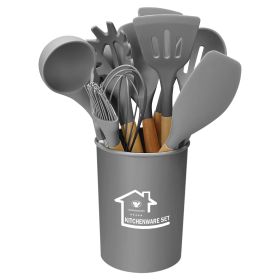11Pcs Silicone Cooking Utensil Set Heat Resist Wooden Handle Silicone Spatula Turner Ladle Spaghetti Server Tongs Spoon Egg Whish Kitchenware Set w/ H (Option: (Grey)