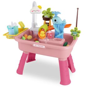 3 In 1 Kitchen Sink Toy with Electric Faucet Water Table Fishing Game Role Play Sink Set Indoor Outdoor for Kids Aged 3+ Years Old (Option: (Pink)