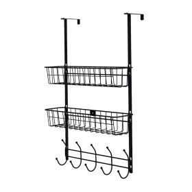 Over The Door Hooks Organizer Door Towel Rack Hanger 5 Hooks with 2 Metal Baskets for Bathroom Bedroom Kitchen Storage Shelf (Option: (Black)