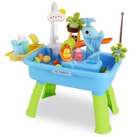 3 In 1 Kitchen Sink Toy with Electric Faucet Water Table Fishing Game Role Play Sink Set Indoor Outdoor for Kids Aged 3+ Years Old (Option: (Blue)