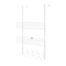 Over The Door Hooks Organizer Door Towel Rack Hanger 5 Hooks with 2 Metal Baskets for Bathroom Bedroom Kitchen Storage Shelf (Option: (Silver)